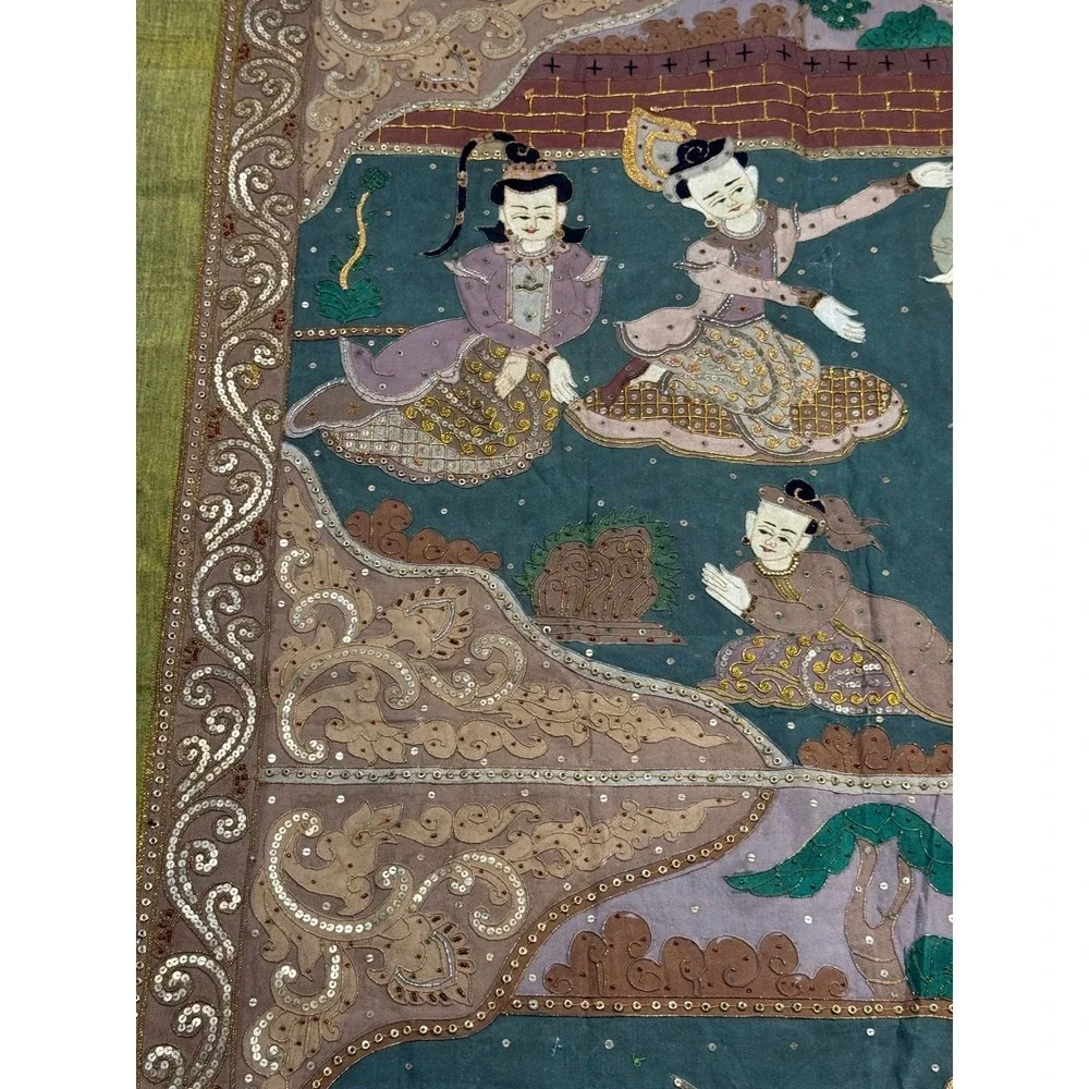 Vintage Thai Kalaga Tapestry Wall Hanging Elephant Applique Sequined Large